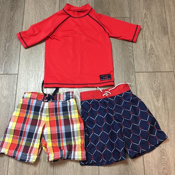 Janie and Jack Sailor Anchor Swim Rashguard Trunks boy size 3 Red Blue Plaid